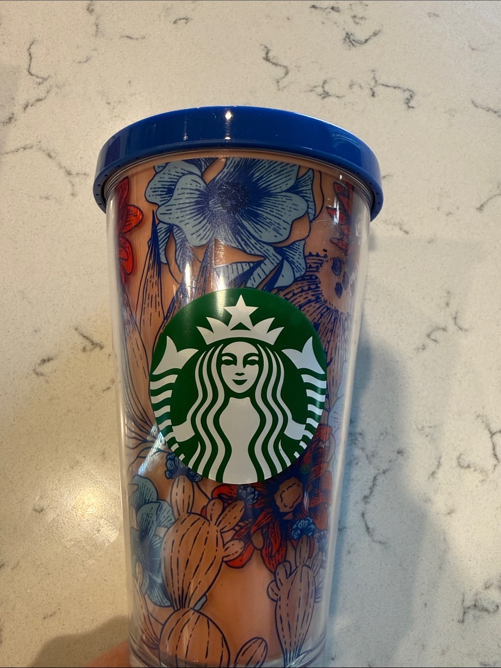 Starbucks Floral Travel Tumbler with Blue Lid and Green Logo